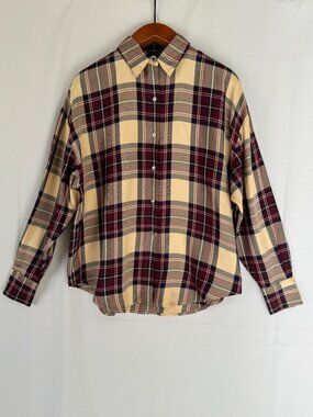 Vintage Classiques Entier 100% Silk Tan Burgundy Tartan Plaid Button Up Shirt XL
